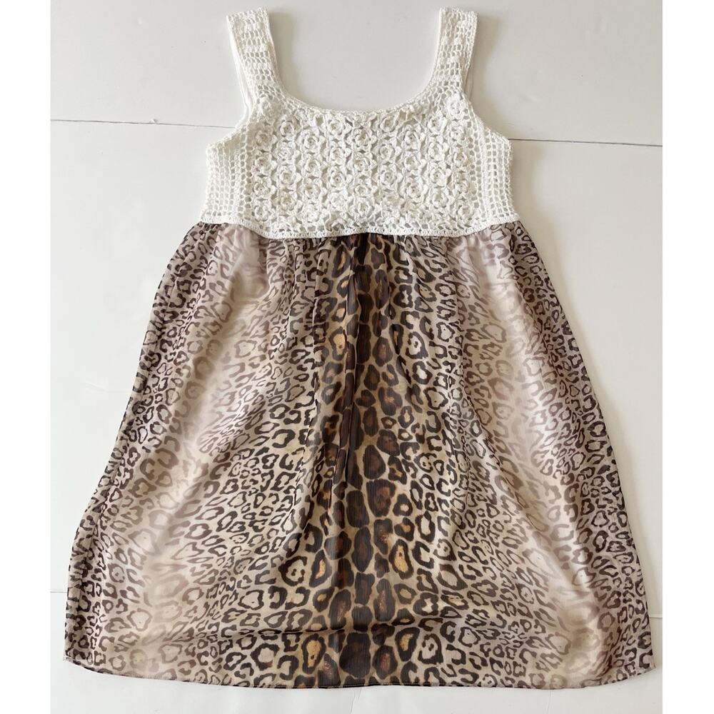 V Christina Dress L White Crochet Animal Print Flare Midi Beachy Boho Sleeveless